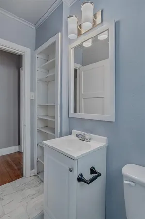 a bathroom with a sink a toilet and vanity