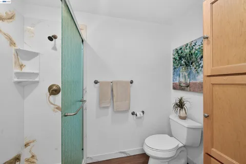 a bathroom with a toilet and a shower