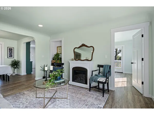 a living room with furniture a fireplace and a potted plant