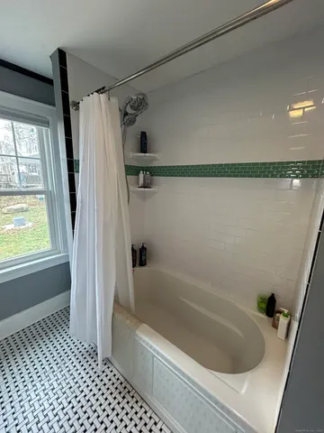 a bathroom with a tub a sink and a shower