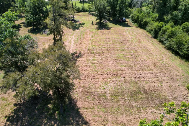 a view of a yard with trees in the background