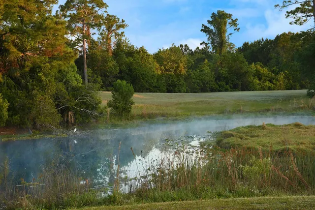 a view of a lake with houses in the back