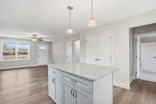 a bathroom with a granite countertop sink and a wooden floor