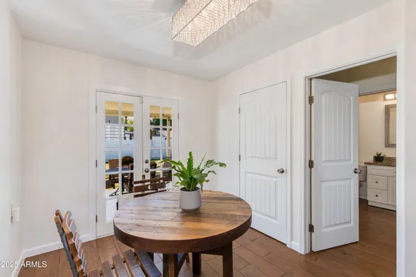 a view of a dining room with furniture