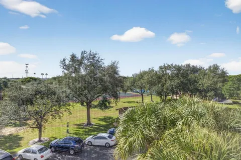 a view of a garden with trees