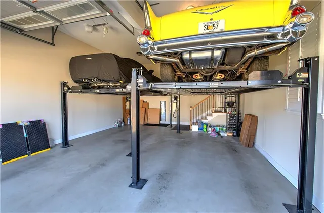 a view of a garage with storage