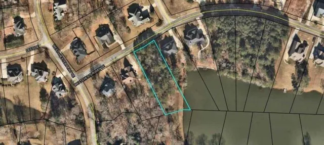 a view of a field with trees in the background