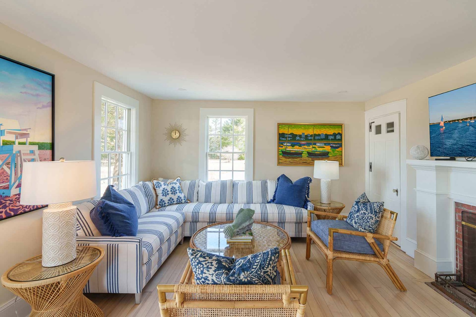 30 Mill Hill Road Edgartown, MA 02539 - Photo 9 of 35 a living room with fireplace furniture and a flat screen tv