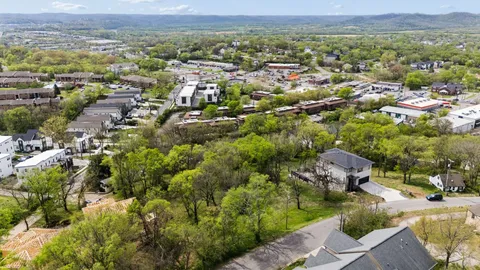 an aerial view of residential houses with outdoor space and trees