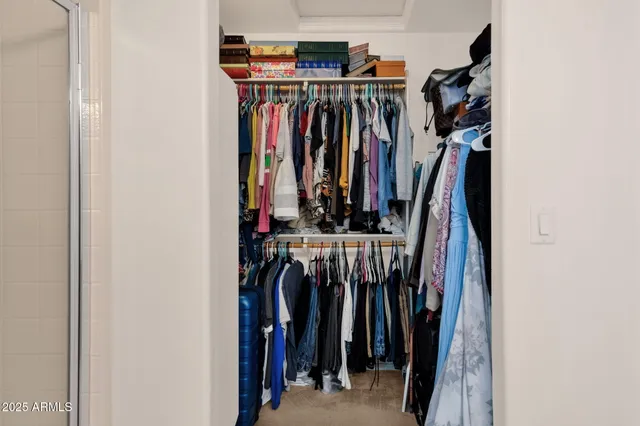 a view of walk in closet with clothes