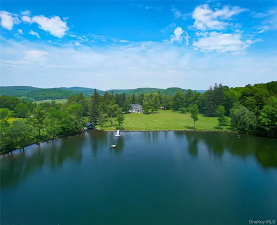 a view of a lush green outdoor space with a swimming pool and valleys in the background