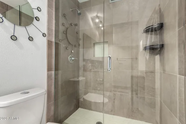 a bathroom with a shower and toilet