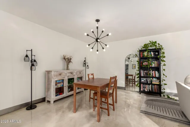 a view of a dining room with furniture