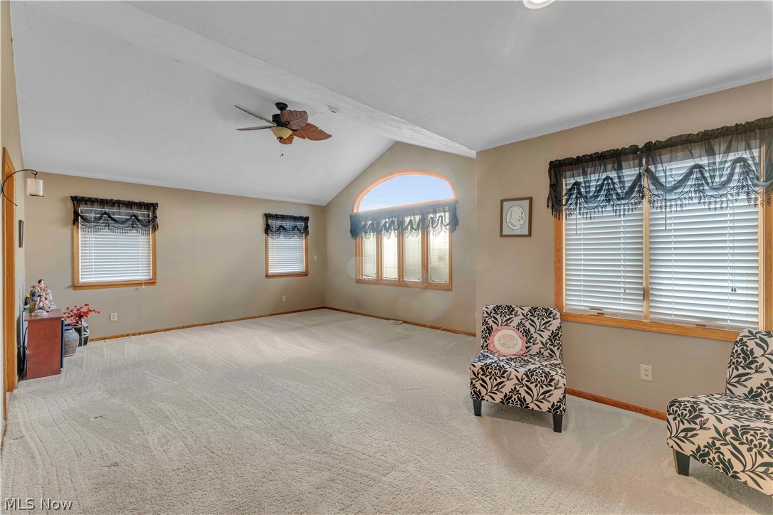 563 North Carpenter Road Brunswick, OH 44212 - Photo 16 of 45 Unfurnished room with light colored carpet, lofted ceiling, and ceiling fan