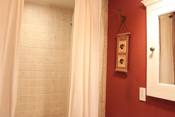 a bathroom with a shower and a sink