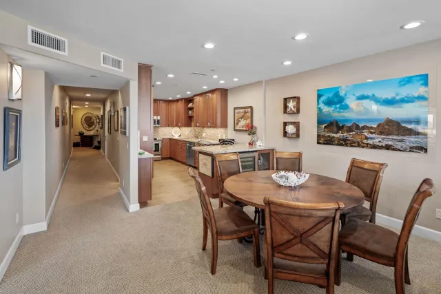 a view of a dining room with furniture