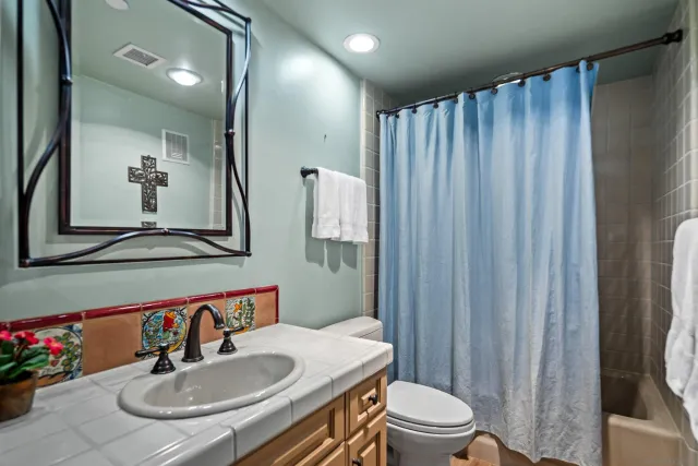a bathroom with a sink a toilet a mirror and shower curtain
