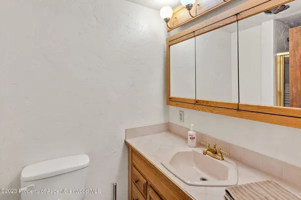 a bathroom with a sink a toilet and mirror