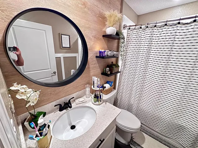 a bathroom with a sink a toilet and a mirror