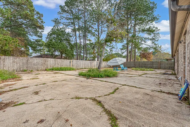 a view of a backyard with large trees