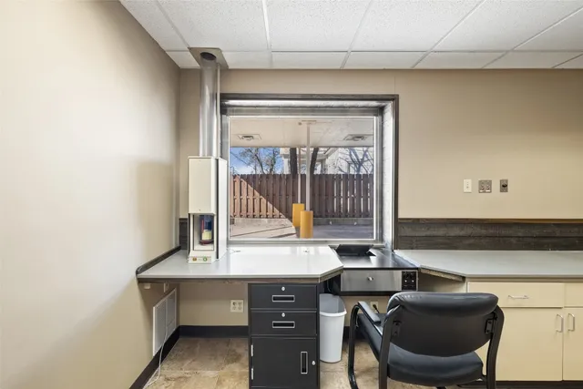 a backyard of a house with large trees and plants