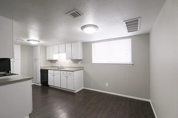 a kitchen with a sink cabinets and wooden floor