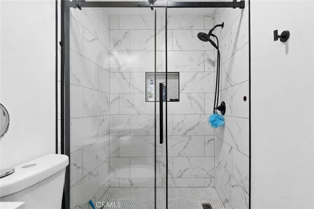 a bathroom with a shower and toilet