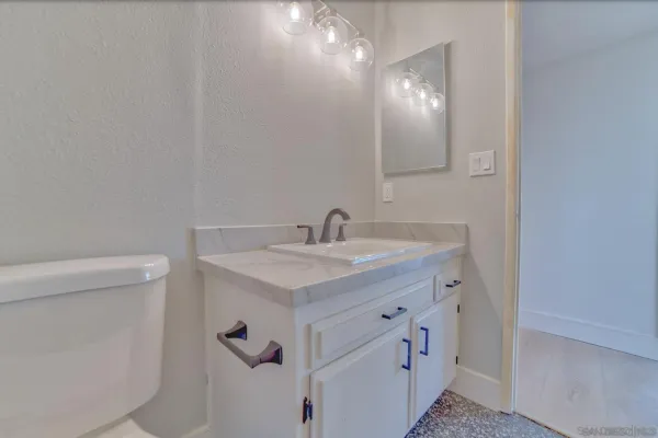a bathroom with a sink a vanity and a toilet