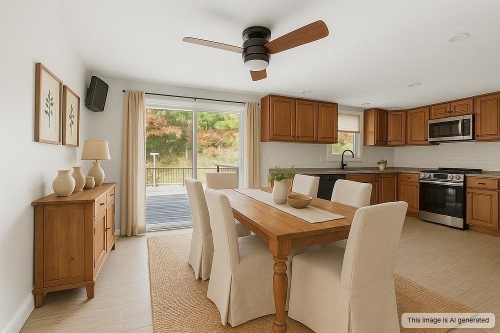 179 Hedges Pond Road Plymouth, MA 02360 - Photo 9 of 18 a kitchen with stainless steel appliances granite countertop a stove a sink a microwave a refrigerator a dining table and chairs with wooden floor