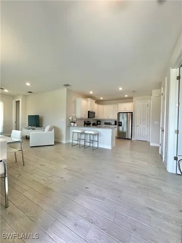 a view of a dining room with furniture