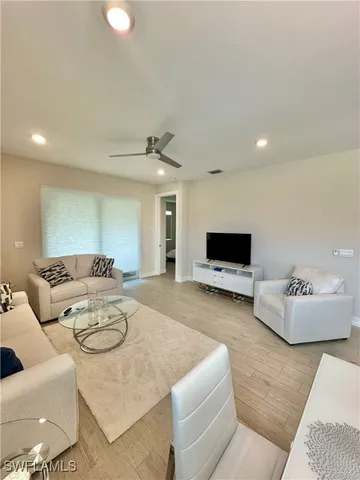 a view of a dining room with furniture