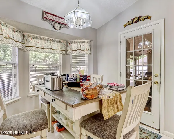 a view of a dining room with furniture window and outside view