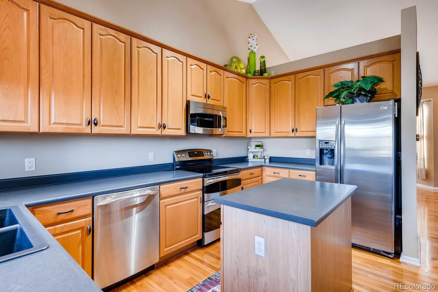 9825 South Thornbury Way Highlands Ranch, CO 80129 - Photo 7 of 27 a kitchen with stainless steel appliances granite countertop a refrigerator a stove a sink and a microwave