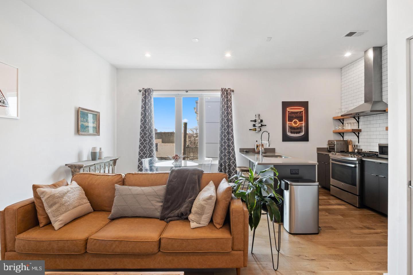 1617-27 Hope Street, Unit 2D Philadelphia, PA 19122 - Photo 17 of 32 a living room with furniture potted plant and kitchen appliances