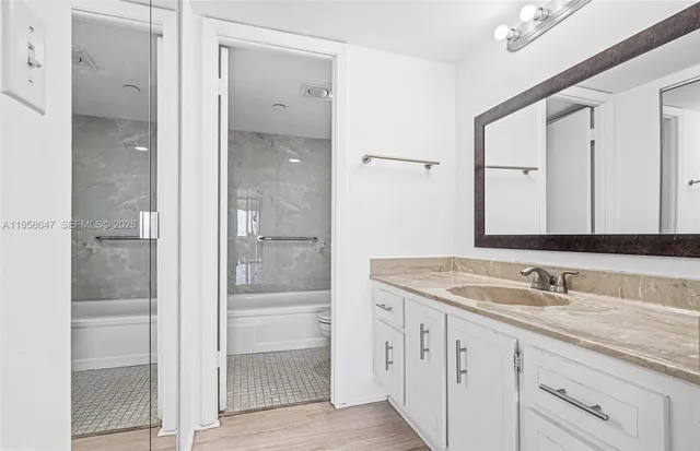 a bathroom with a granite countertop sink and a mirror