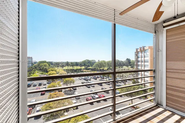 a view of a balcony with city view