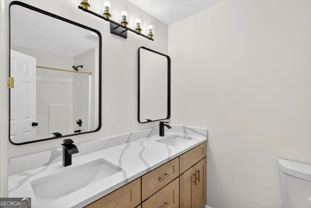 a bathroom with a double vanity sink mirror and toilet