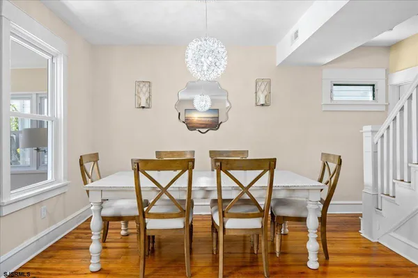 a view of a dining room with furniture and wooden floor