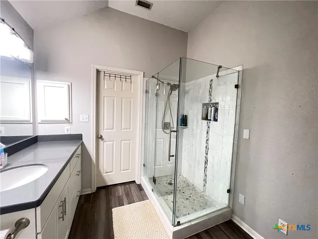 a bathroom with a granite countertop sink a mirror a vanity and a shower