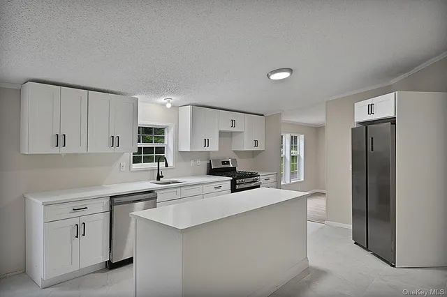 a kitchen with cabinets and stainless steel appliances