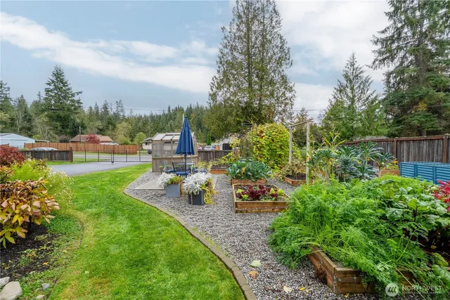 a view of a garden with lawn chairs