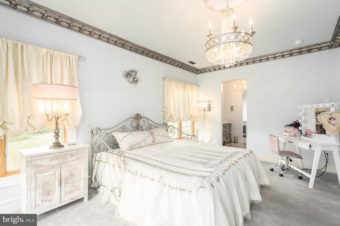 6779 Keller Lime Plant Road Frederick, MD 21703 - Photo 52 of 74 a spacious bedroom with a bed and a chandelier
