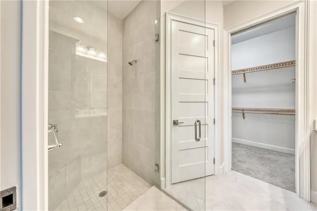a bathroom with a shower and closet