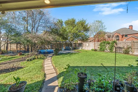 a view of a garden with a house