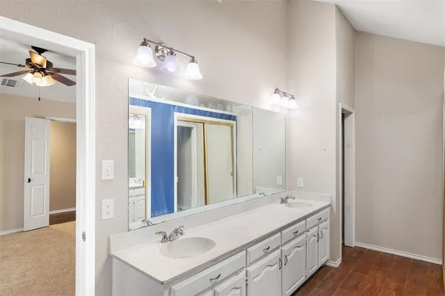 a bathroom with a sink vanity and a mirror