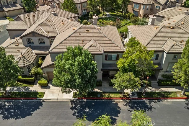 an aerial view of a house with a yard and potted plants
