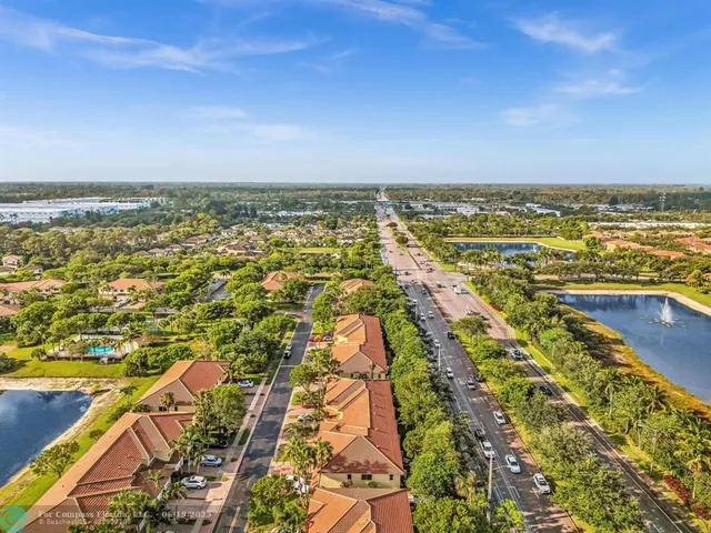 a street view with large building