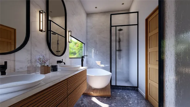 a bathroom with a double vanity sink mirror and shower