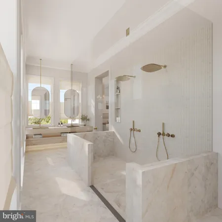 a large bathroom with a tub a double vanity sink and mirror