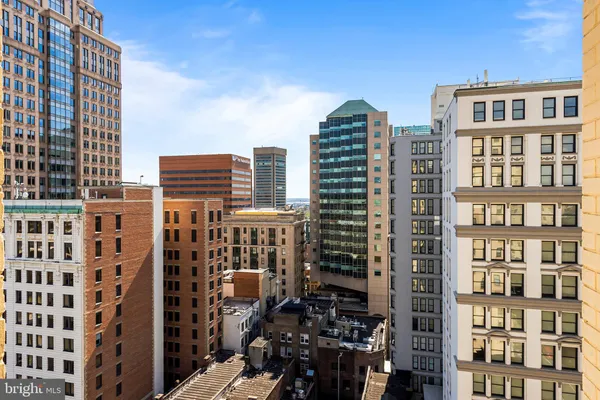 a city view with tall buildings